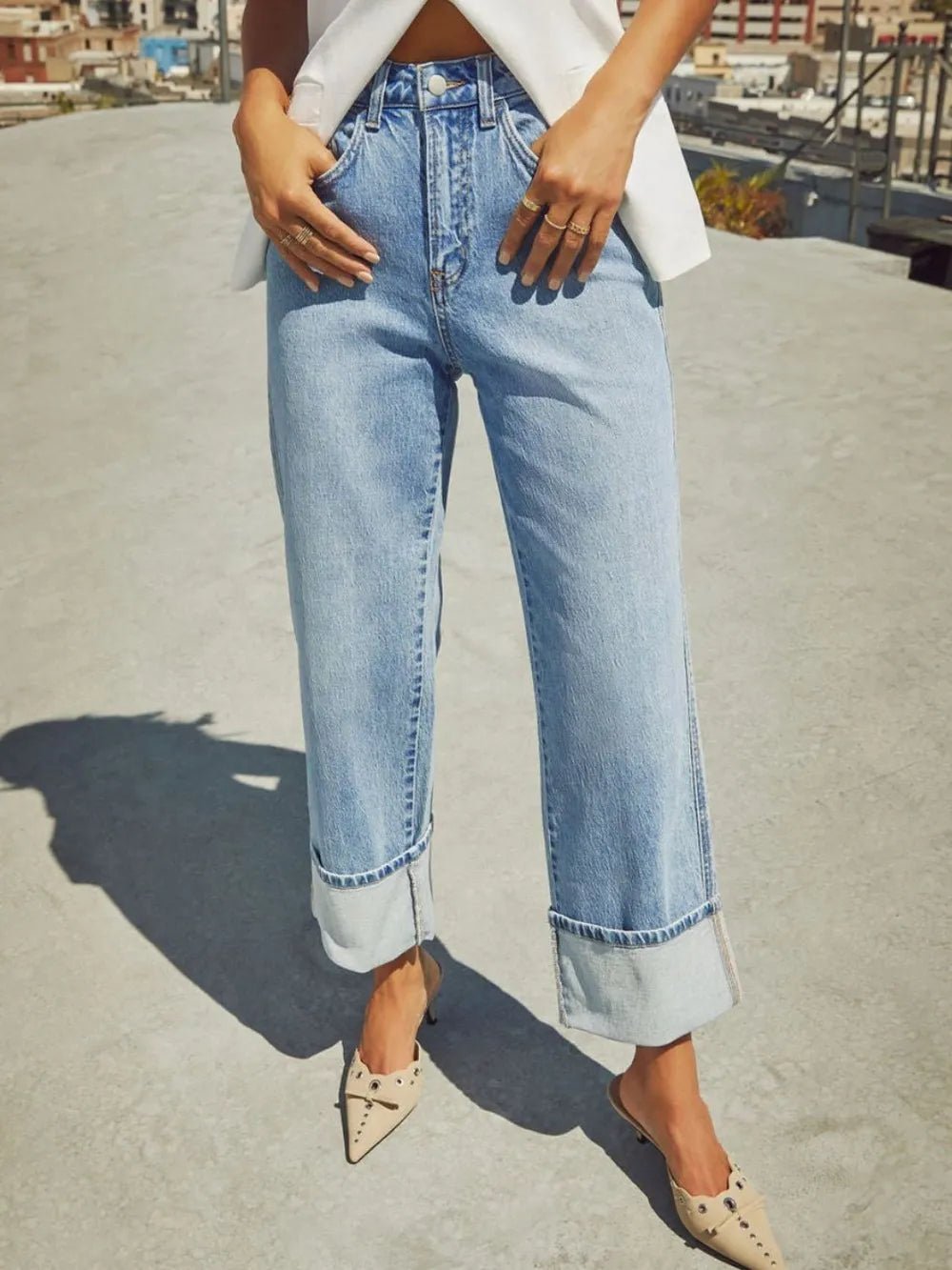 High Waisted Straight Leg Rolled Jeans - TheMomCo.