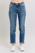 Judy Blue Full Size Mid Rise Skinny Cuff Jeans with Pockets Plus Size - TheMomCo.