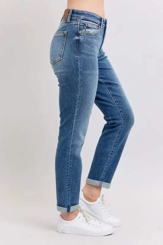 Judy Blue Full Size Mid Rise Skinny Cuff Jeans with Pockets Plus Size - TheMomCo.