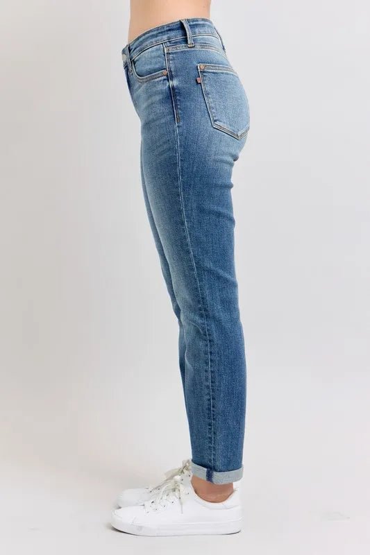 Judy Blue Full Size Mid Rise Skinny Cuff Jeans with Pockets Plus Size - TheMomCo.