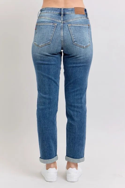 Judy Blue Full Size Mid Rise Skinny Cuff Jeans with Pockets Plus Size - TheMomCo.
