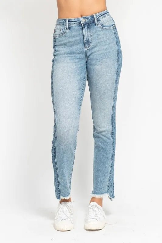 Judy Blue Full Size Vintage Wash Side Panel Detail with Fray Hem Slim Plus Size - TheMomCo.