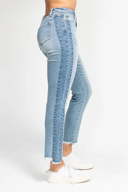 Judy Blue Full Size Vintage Wash Side Panel Detail with Fray Hem Slim Plus Size - TheMomCo.