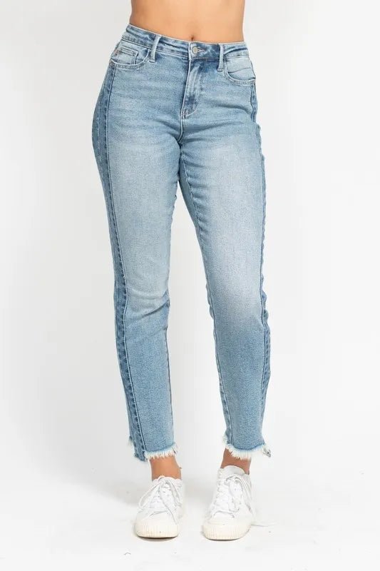Judy Blue Full Size Vintage Wash Side Panel Detail with Fray Hem Slim Plus Size - TheMomCo.