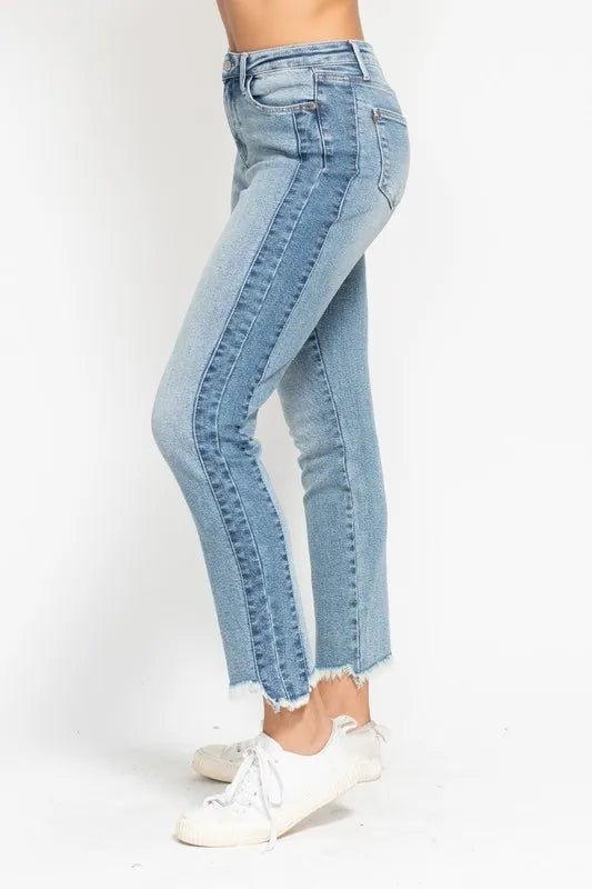 Judy Blue Full Size Vintage Wash Side Panel Detail with Fray Hem Slim Plus Size - TheMomCo.