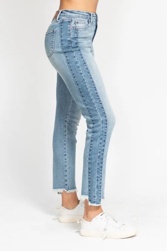 Judy Blue Full Size Vintage Wash Side Panel Detail with Fray Hem Slim Plus Size - TheMomCo.