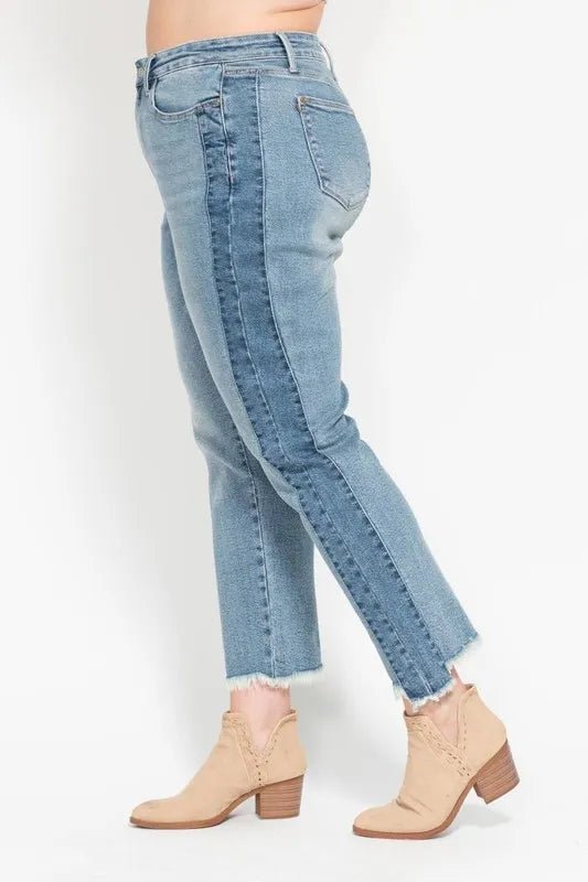 Judy Blue Full Size Vintage Wash Side Panel Detail with Fray Hem Slim Plus Size - TheMomCo.