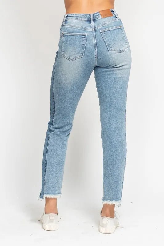 Judy Blue Full Size Vintage Wash Side Panel Detail with Fray Hem Slim Plus Size - TheMomCo.
