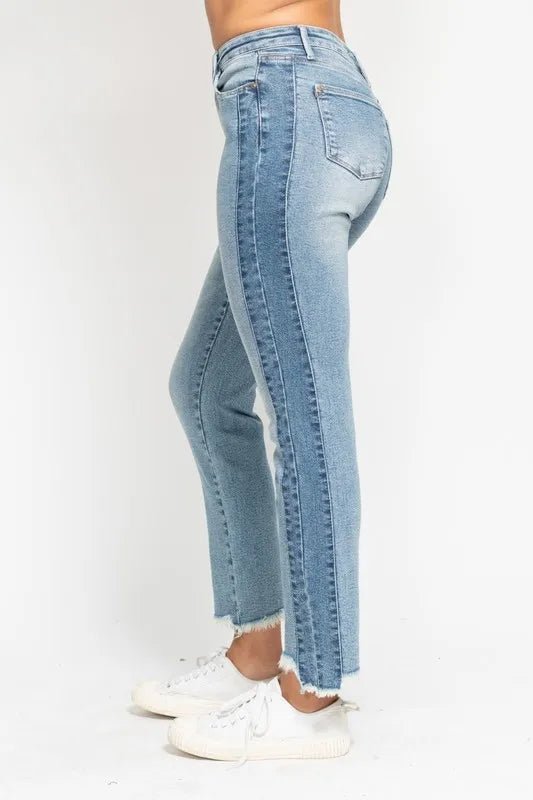 Judy Blue Full Size Vintage Wash Side Panel Detail with Fray Hem Slim Plus Size - TheMomCo.