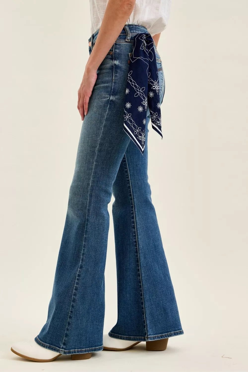 Judy Blue Mid Rise Jaqueline Flare with Triple Needle Back Pkts and Bandana Loop - TheMomCo.