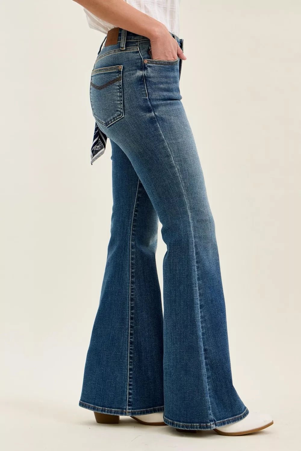 Judy Blue Mid Rise Jaqueline Flare with Triple Needle Back Pkts and Bandana Loop - TheMomCo.