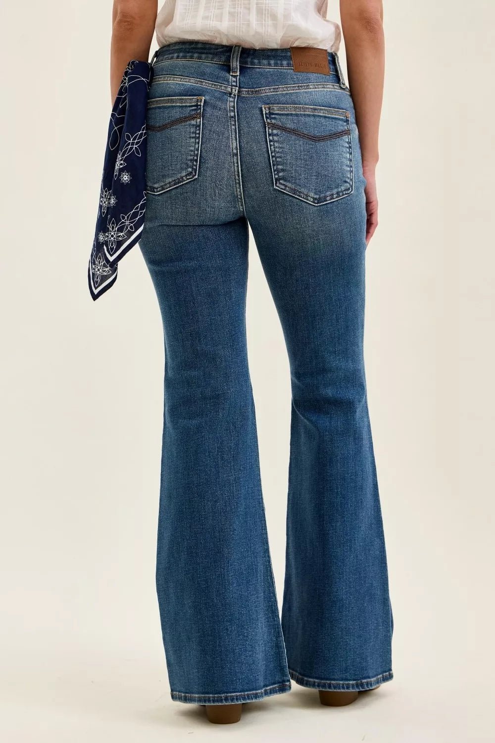 Judy Blue Mid Rise Jaqueline Flare with Triple Needle Back Pkts and Bandana Loop - TheMomCo.