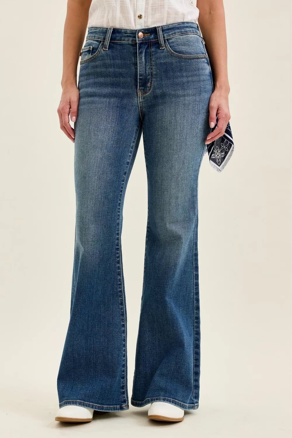 Judy Blue Mid Rise Jaqueline Flare with Triple Needle Back Pkts and Bandana Loop - TheMomCo.