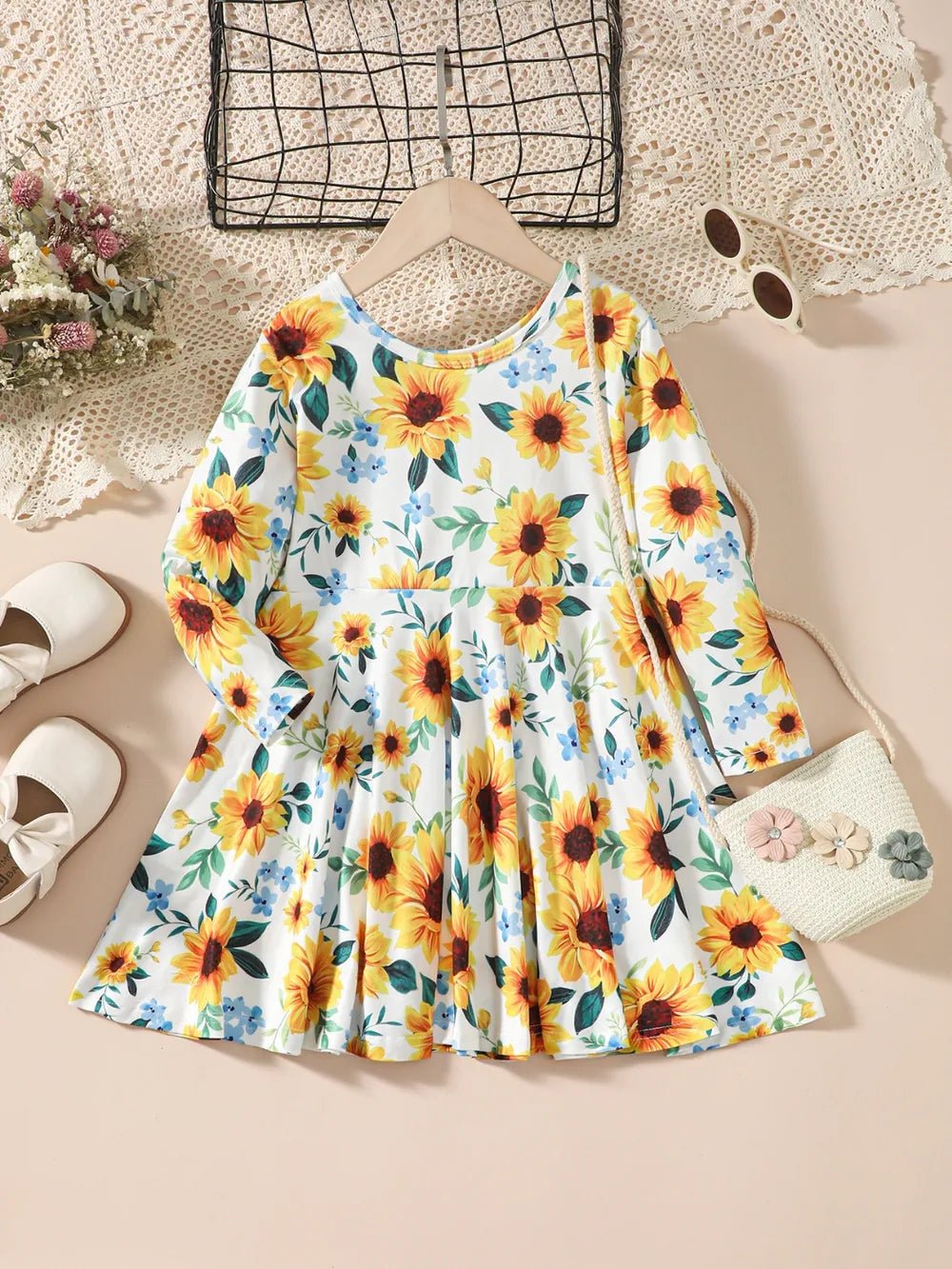 Kids Sunflower Print Round Neck Long Sleeve Dress - TheMomCo.