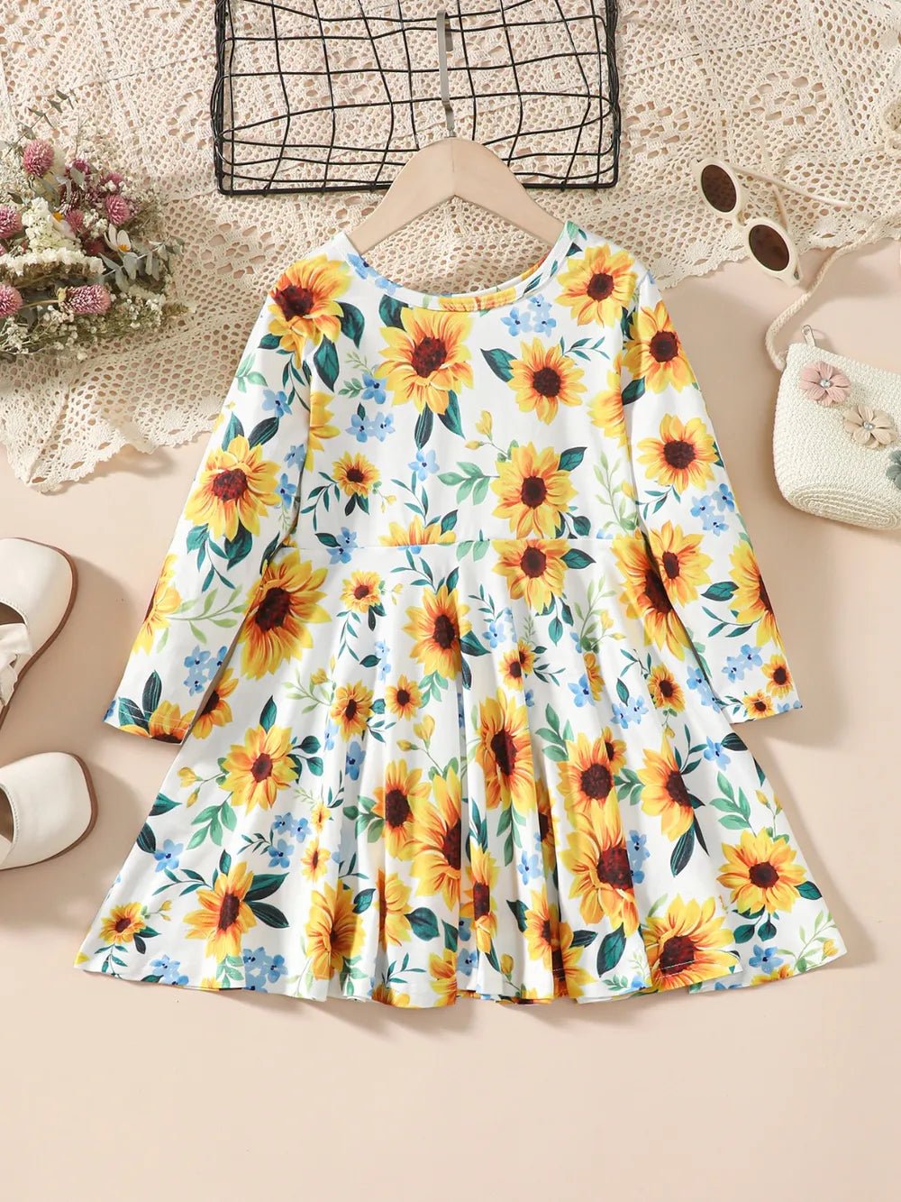 Kids Sunflower Print Round Neck Long Sleeve Dress - TheMomCo.