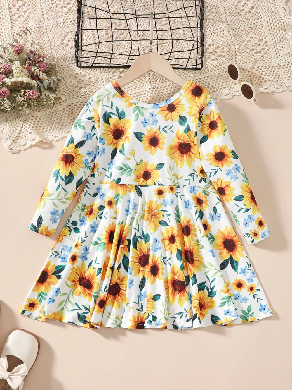 Kids Sunflower Print Round Neck Long Sleeve Dress - TheMomCo.