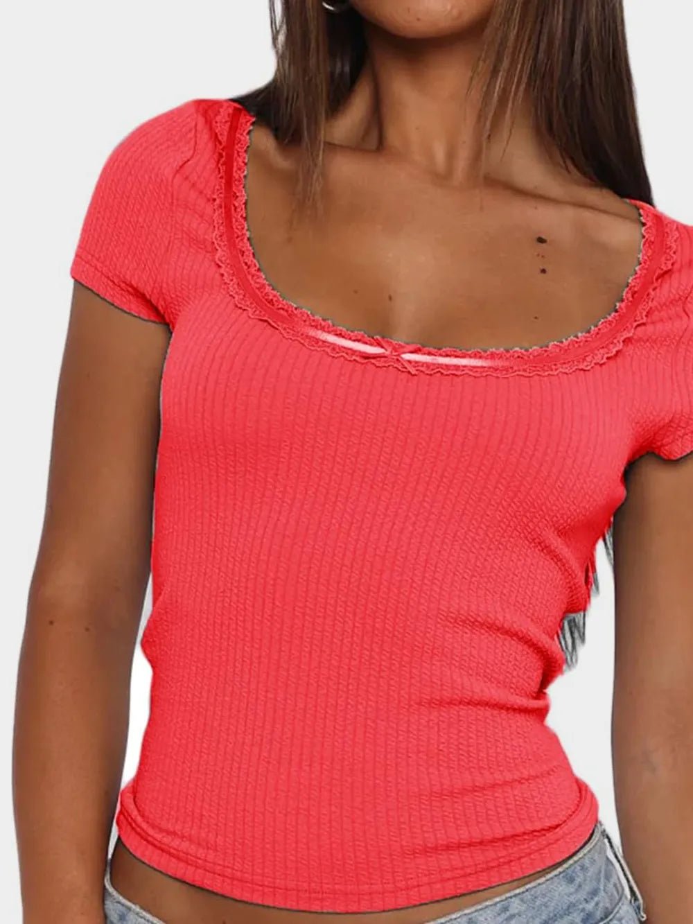 Lace Detail Scoop Neck Short Sleeve T-Shirt - TheMomCo.