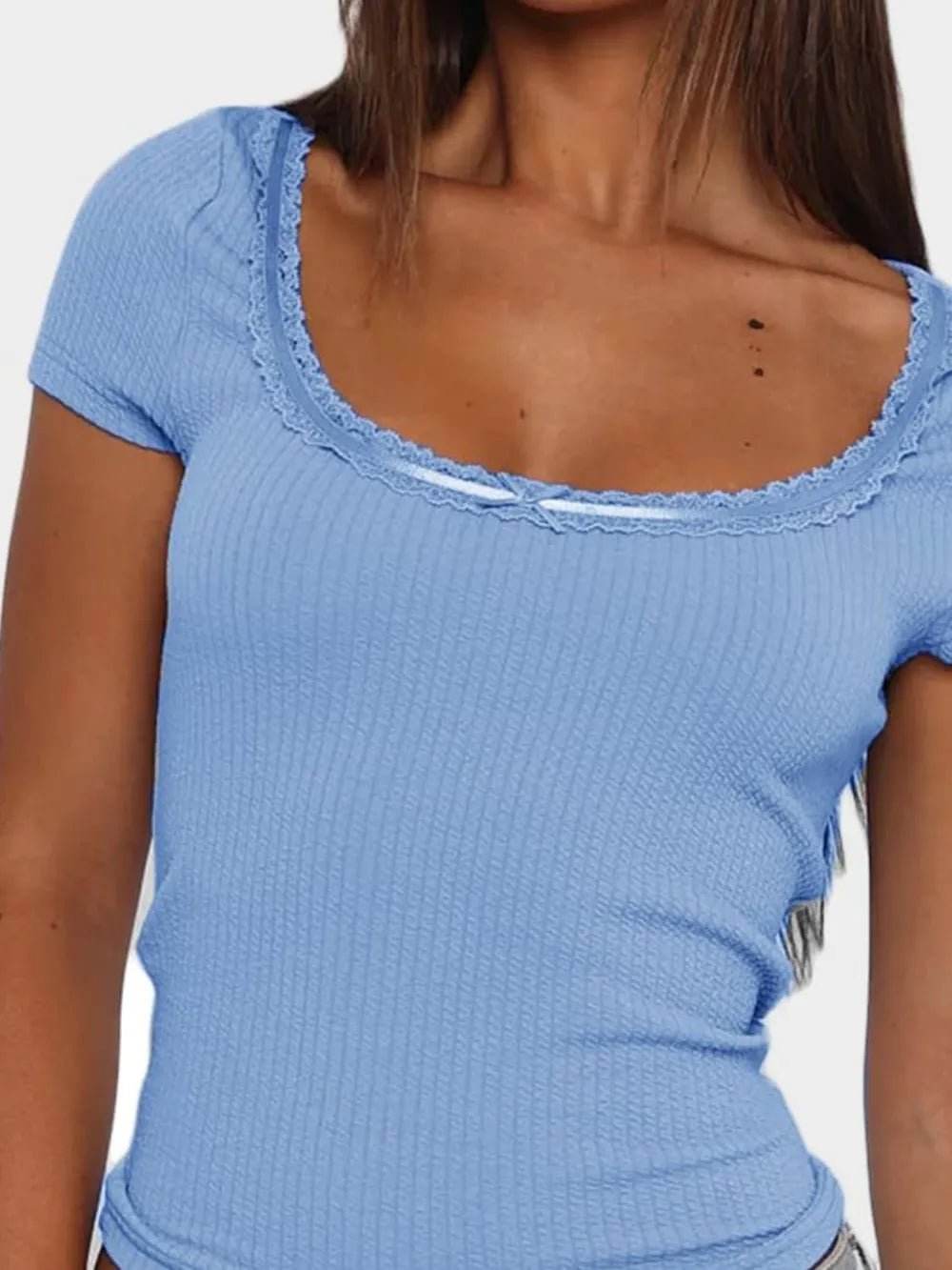 Lace Detail Scoop Neck Short Sleeve T-Shirt - TheMomCo.