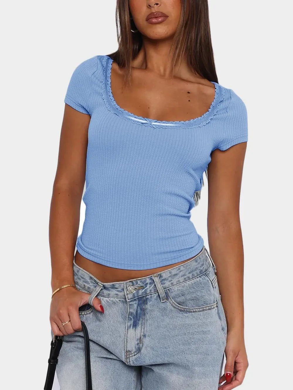 Lace Detail Scoop Neck Short Sleeve T-Shirt - TheMomCo.