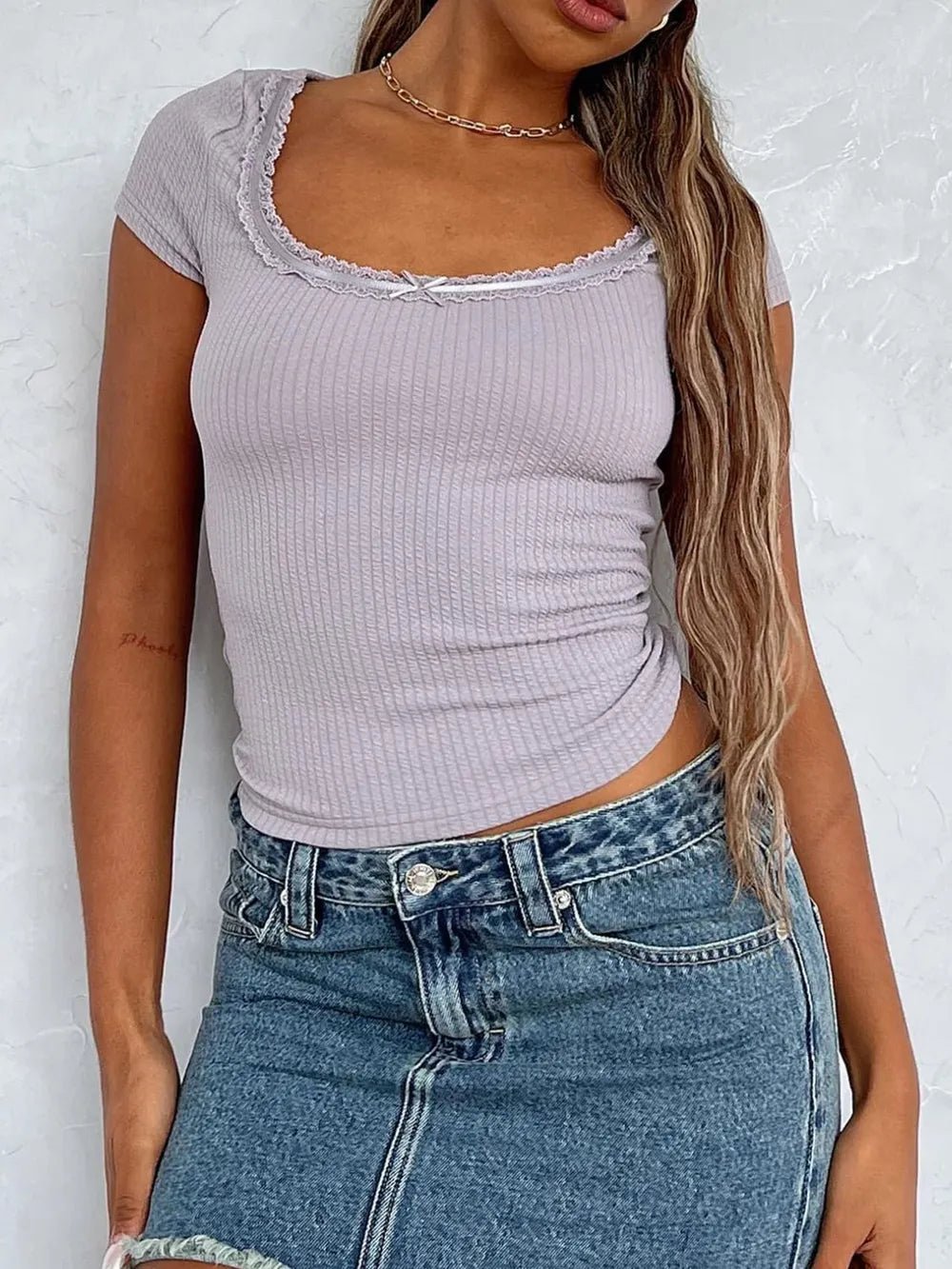 Lace Detail Scoop Neck Short Sleeve T-Shirt - TheMomCo.
