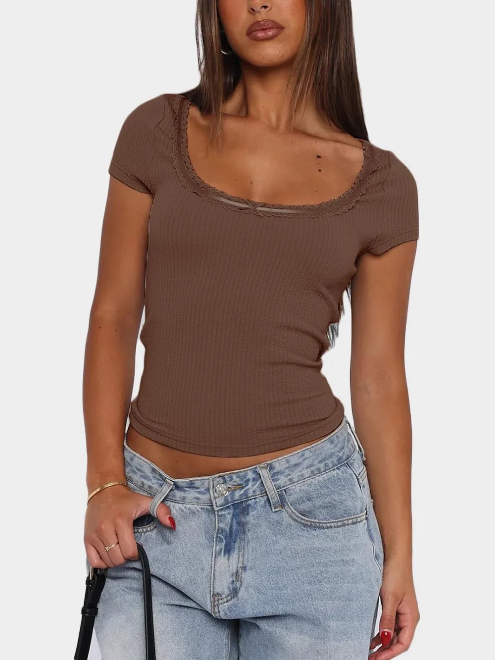 Lace Detail Scoop Neck Short Sleeve T-Shirt - TheMomCo.