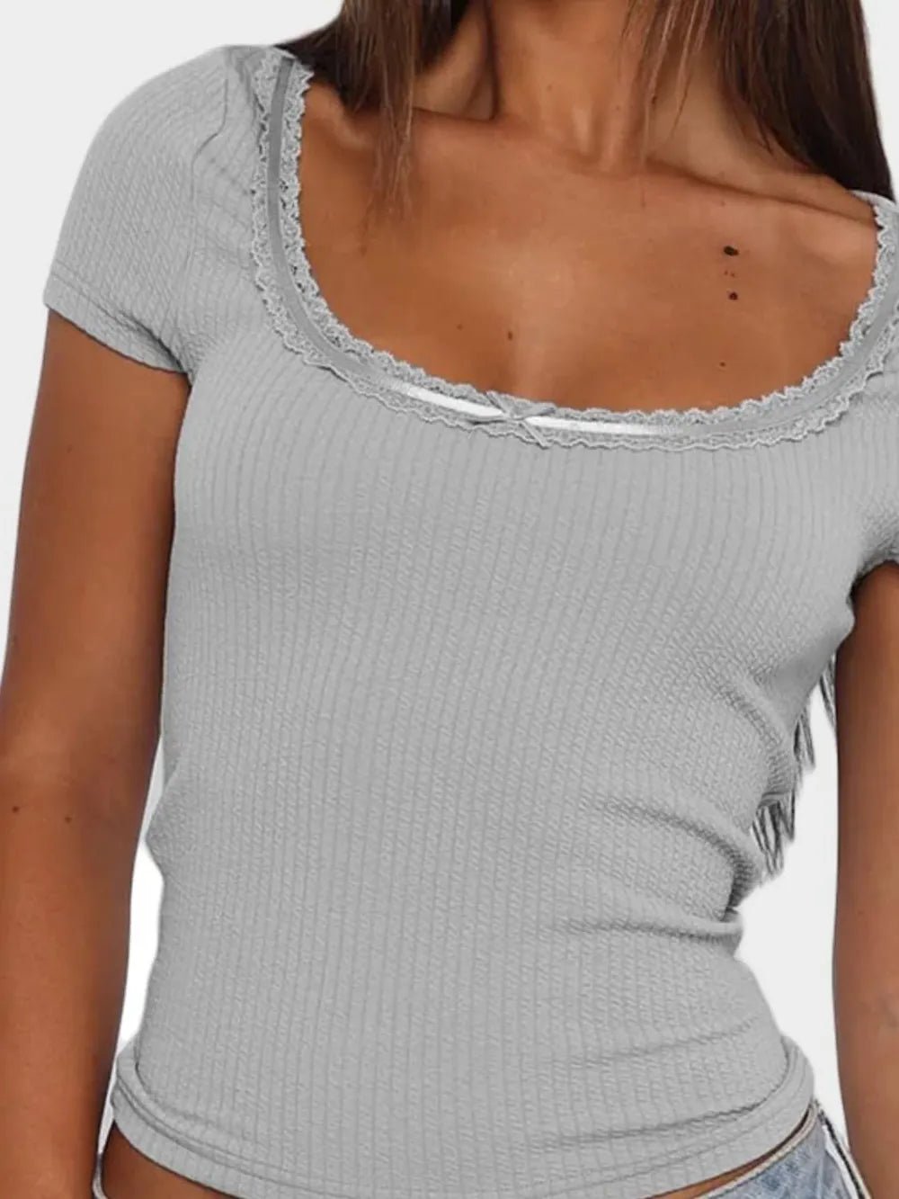 Lace Detail Scoop Neck Short Sleeve T-Shirt - TheMomCo.