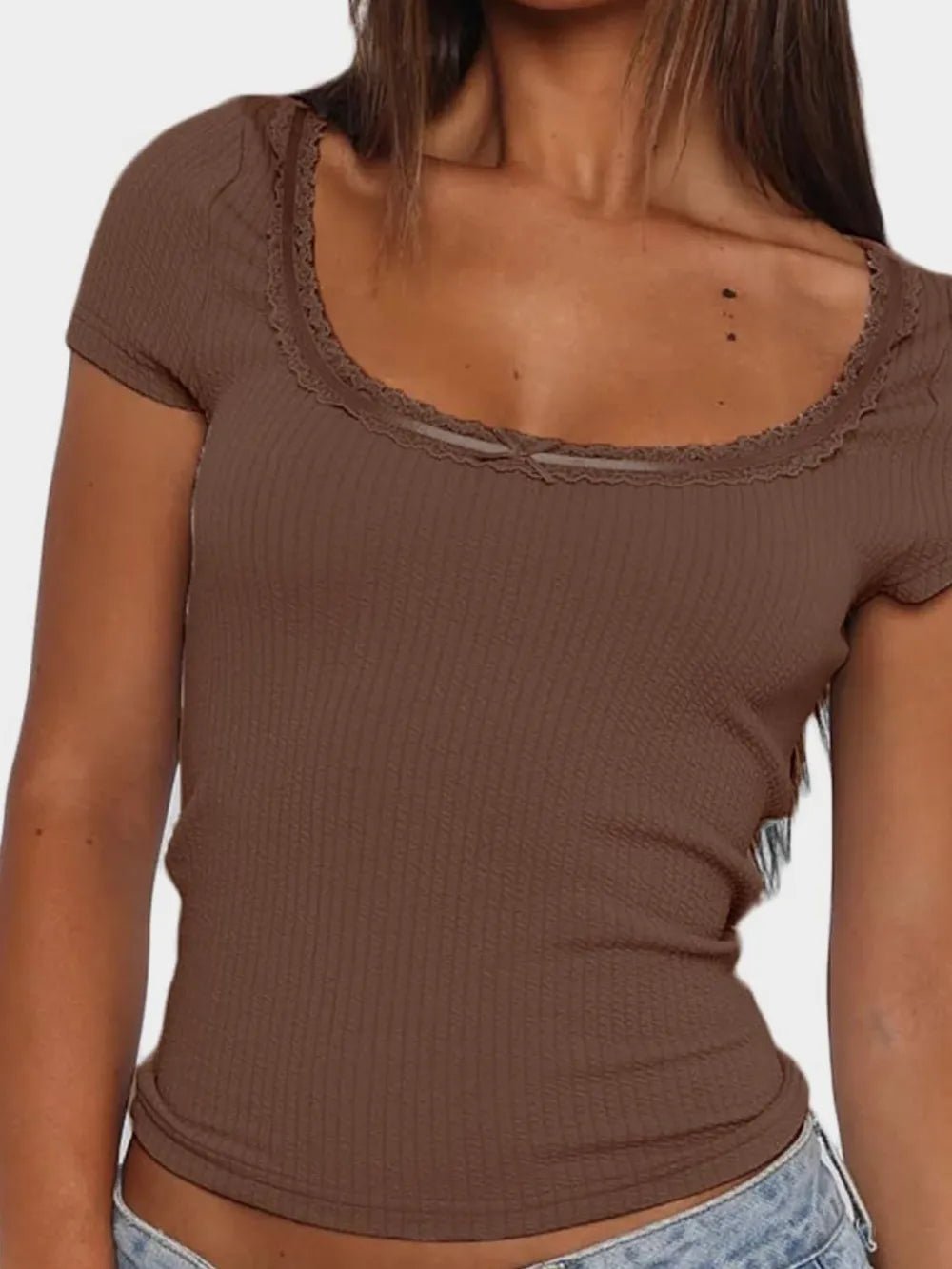 Lace Detail Scoop Neck Short Sleeve T-Shirt - TheMomCo.