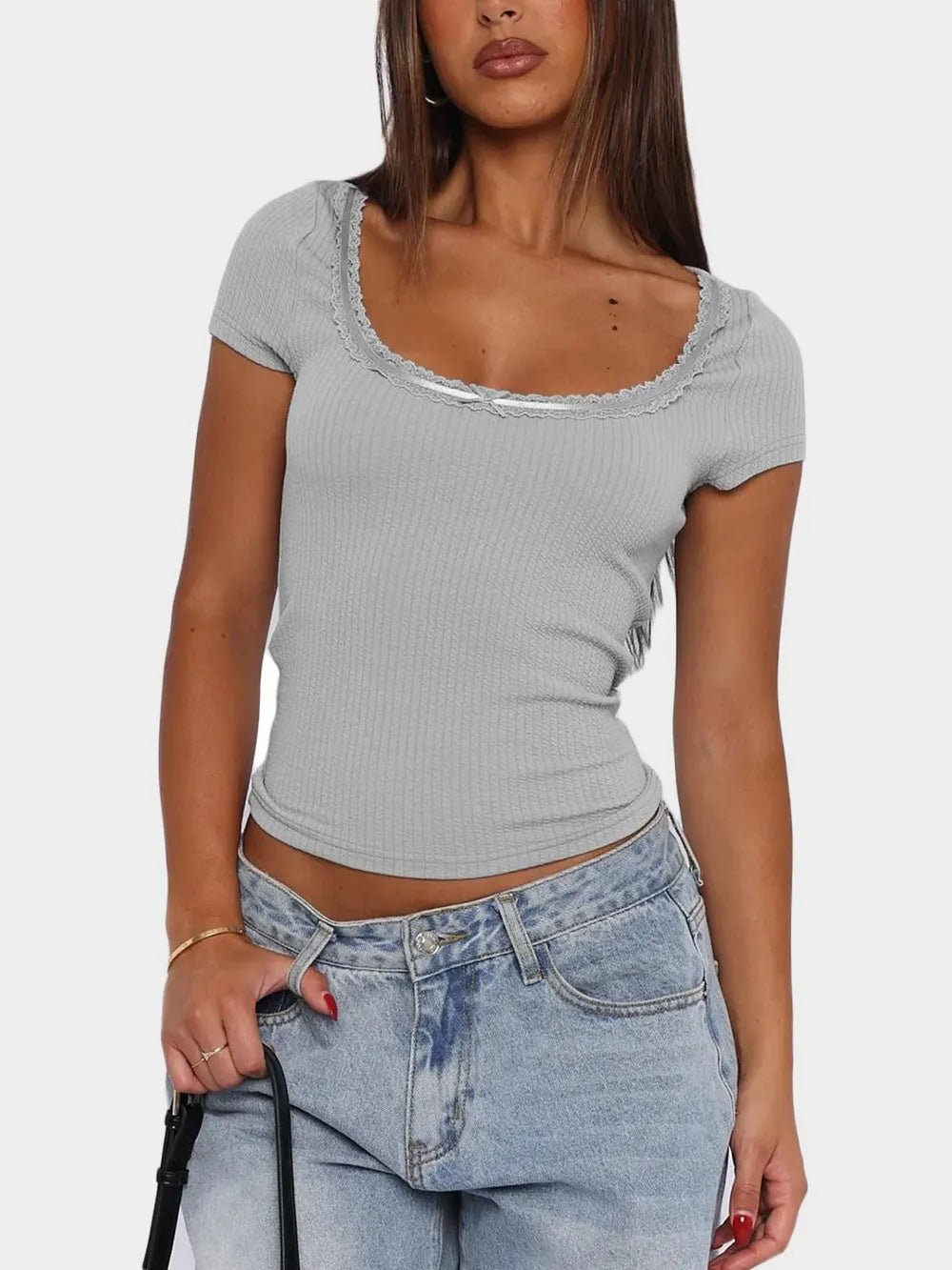 Lace Detail Scoop Neck Short Sleeve T-Shirt - TheMomCo.