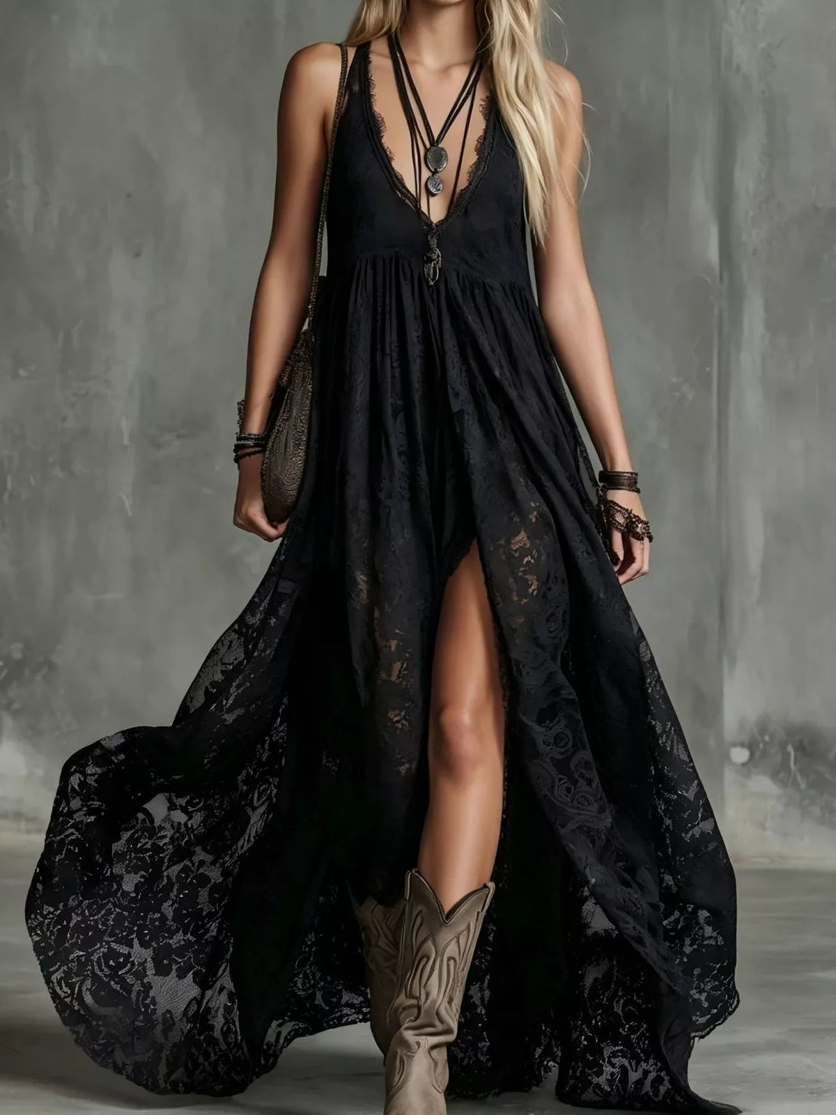 Lace Maxi Dress with High Slit - TheMomCo.