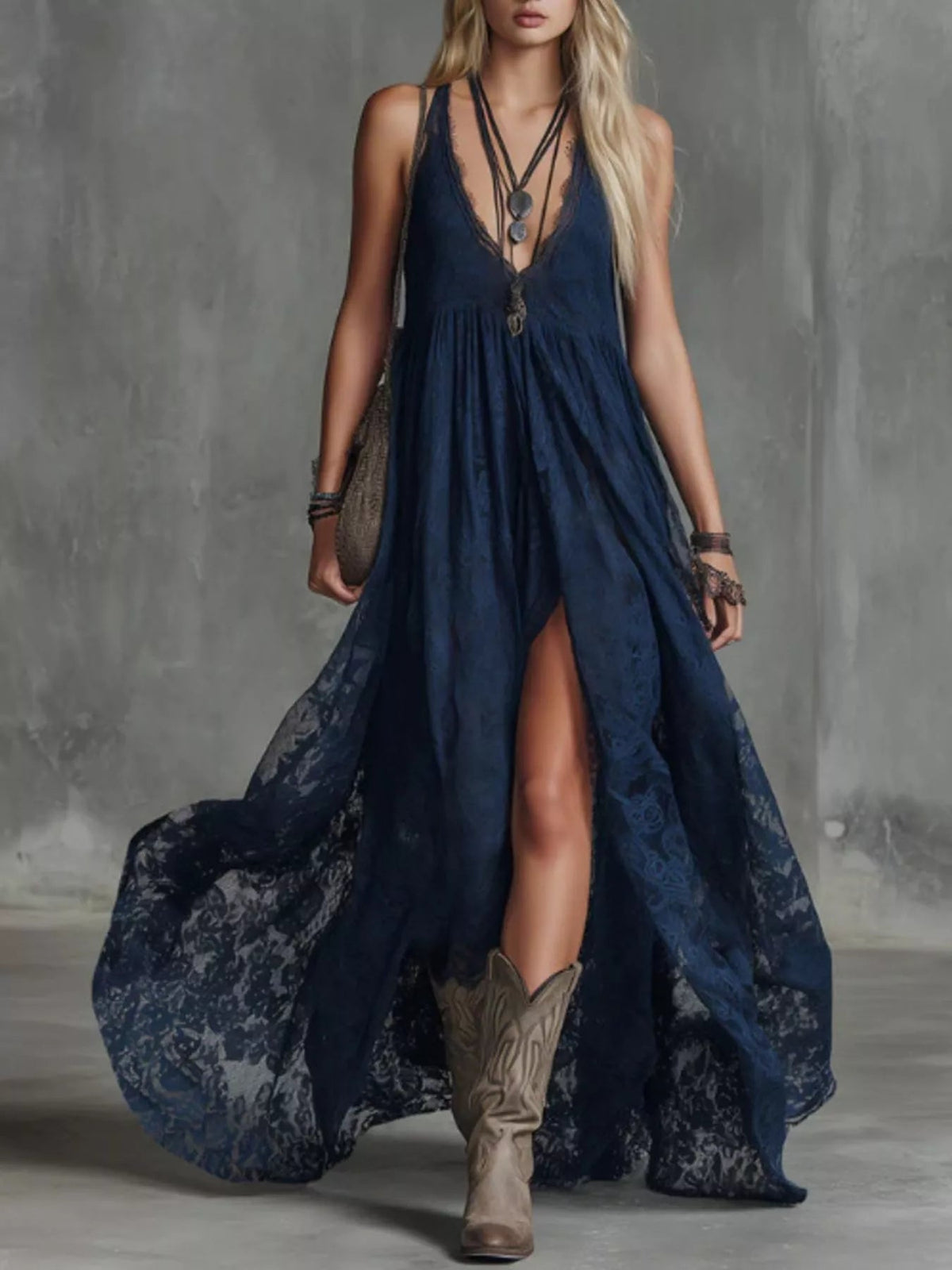 Lace Maxi Dress with High Slit - TheMomCo.