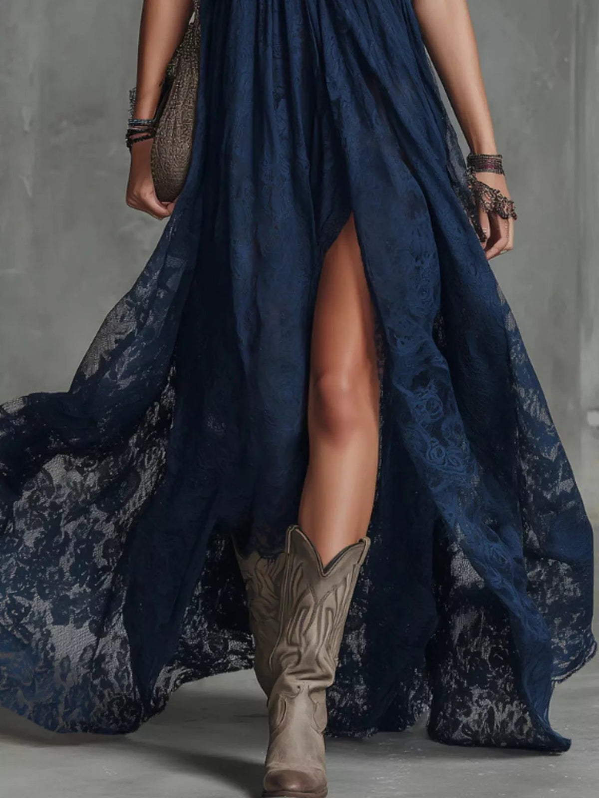 Lace Maxi Dress with High Slit - TheMomCo.