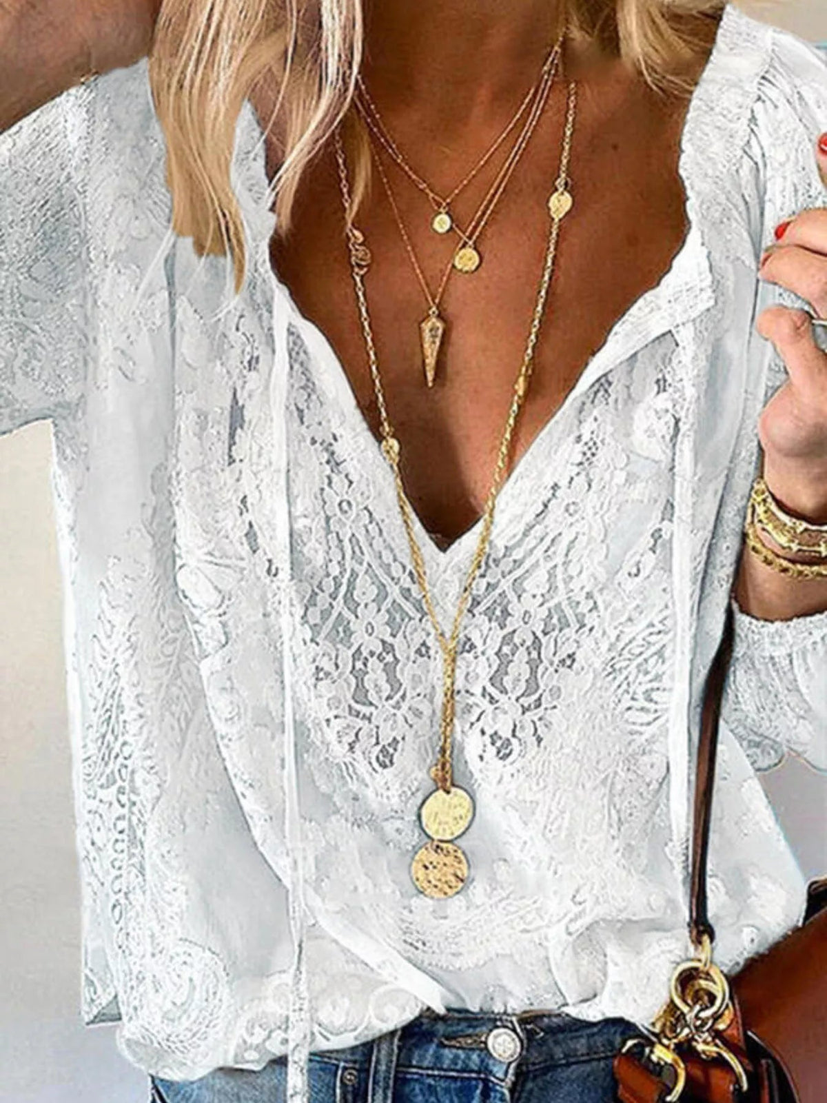 Lace Tie-Neck Blouse - TheMomCo.