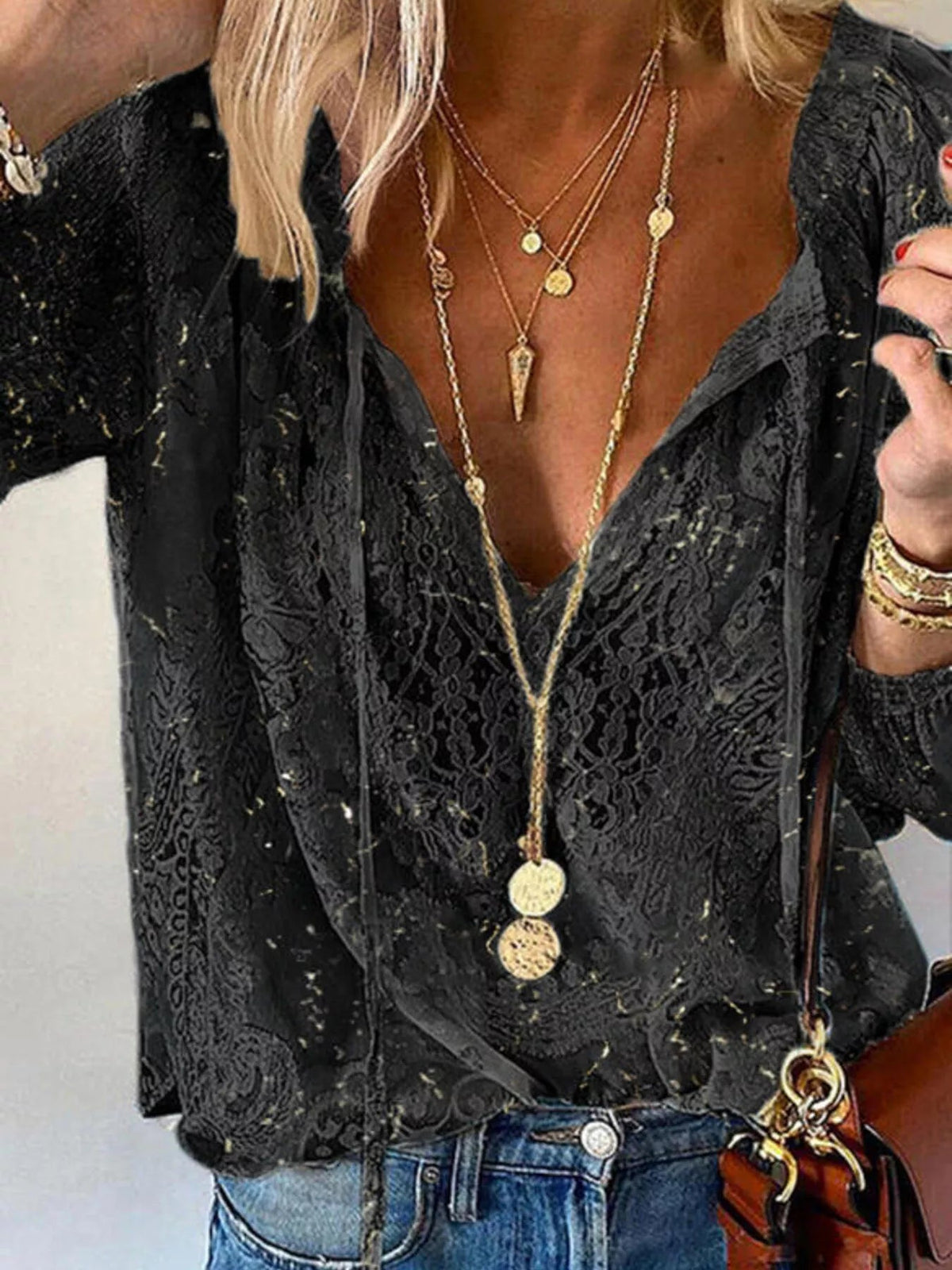 Lace Tie-Neck Blouse - TheMomCo.
