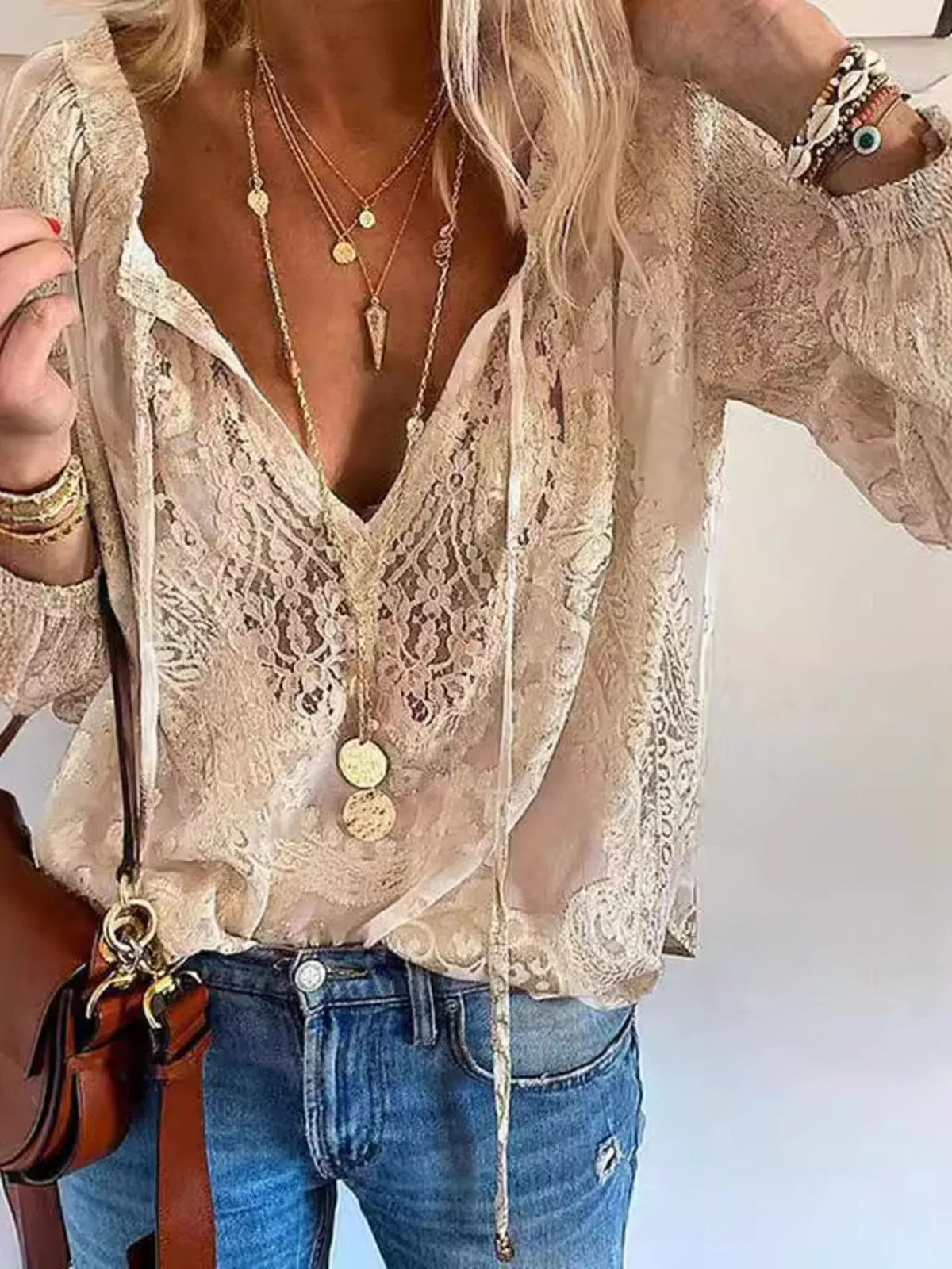 Lace Tie-Neck Blouse - TheMomCo.