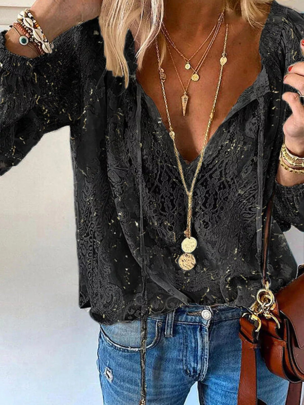 Lace Tie-Neck Blouse - TheMomCo.