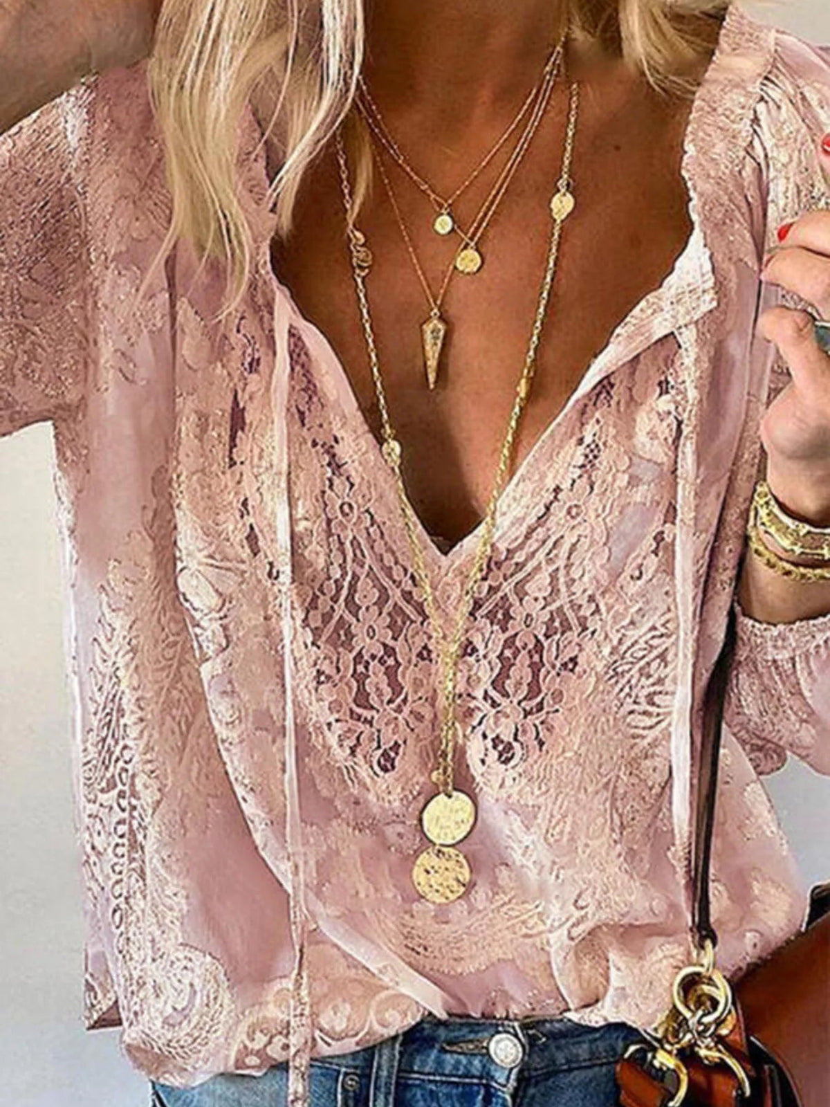 Lace Tie-Neck Blouse - TheMomCo.