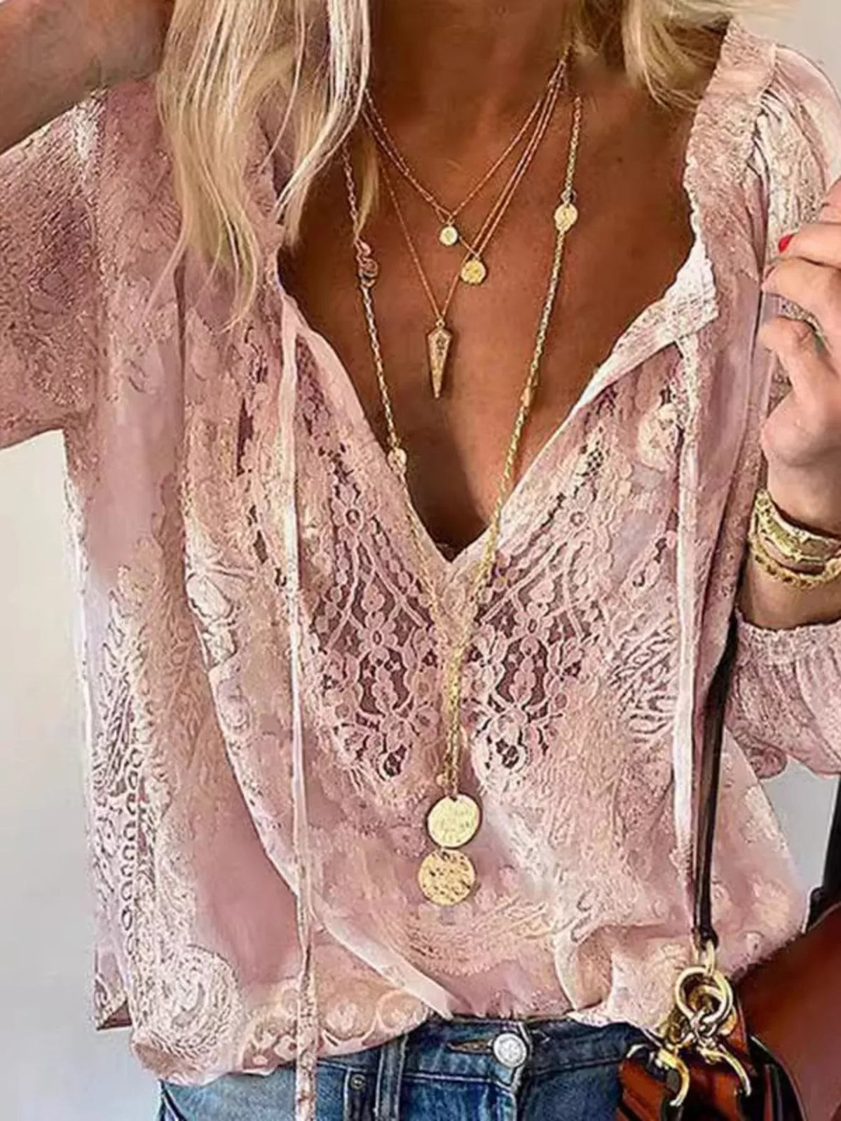 Lace Tie-Neck Blouse - TheMomCo.