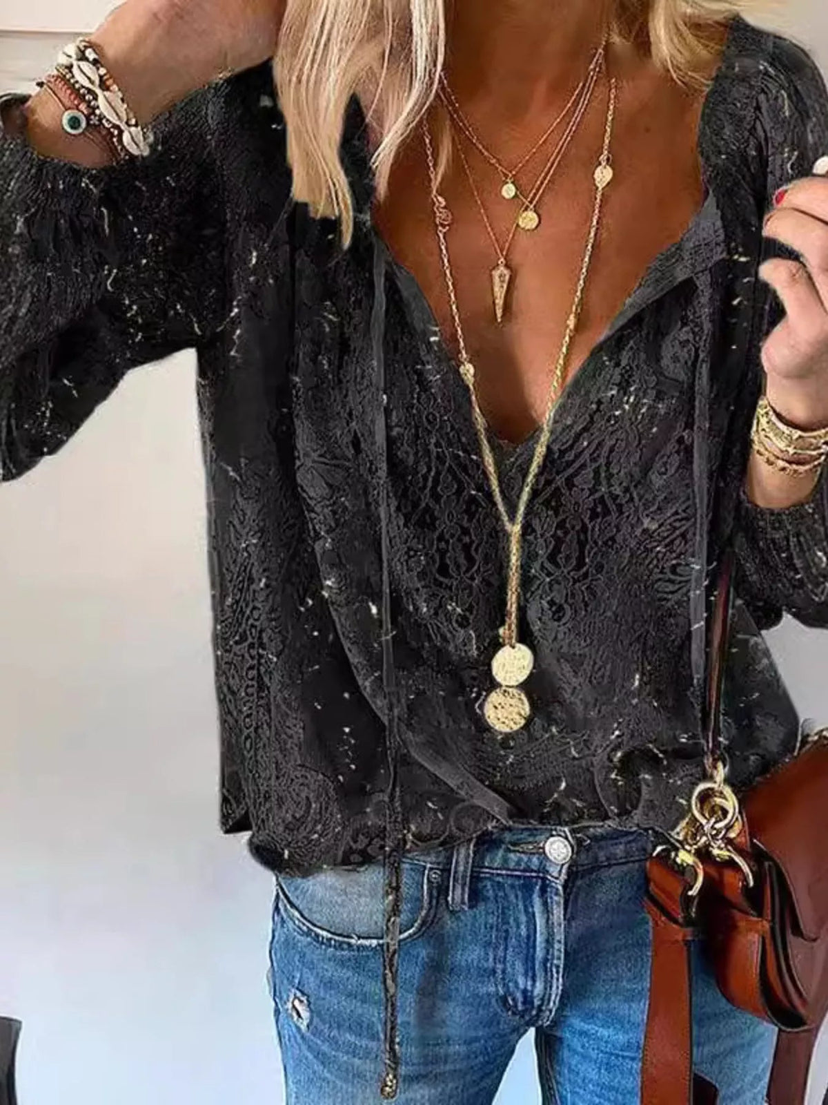 Lace Tie-Neck Blouse - TheMomCo.