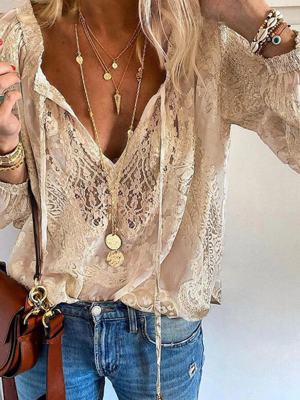 Lace Tie-Neck Blouse - TheMomCo.
