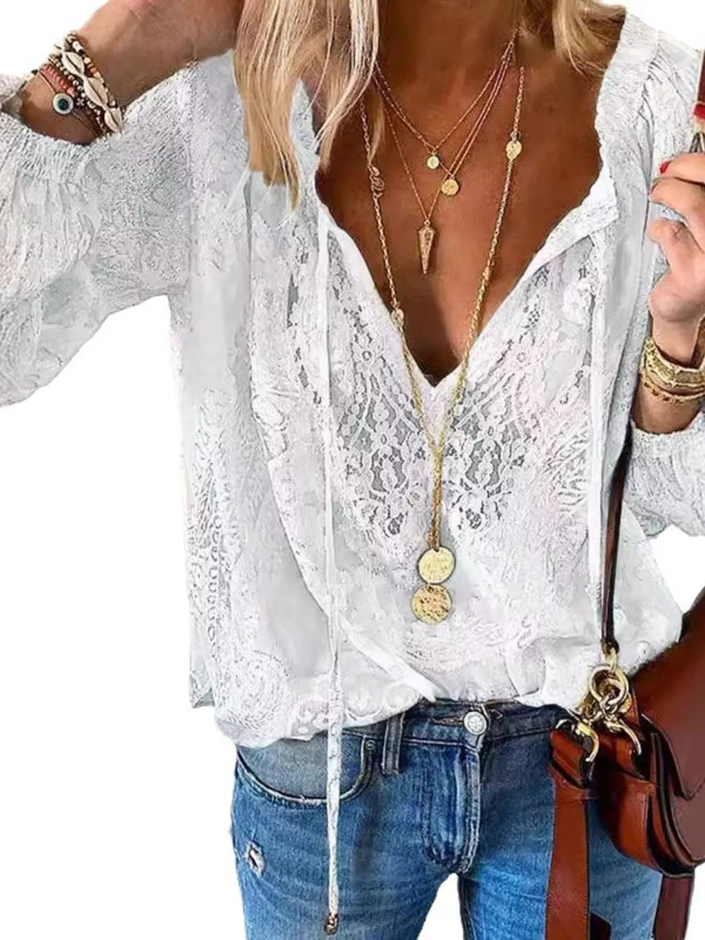 Lace Tie-Neck Blouse - TheMomCo.