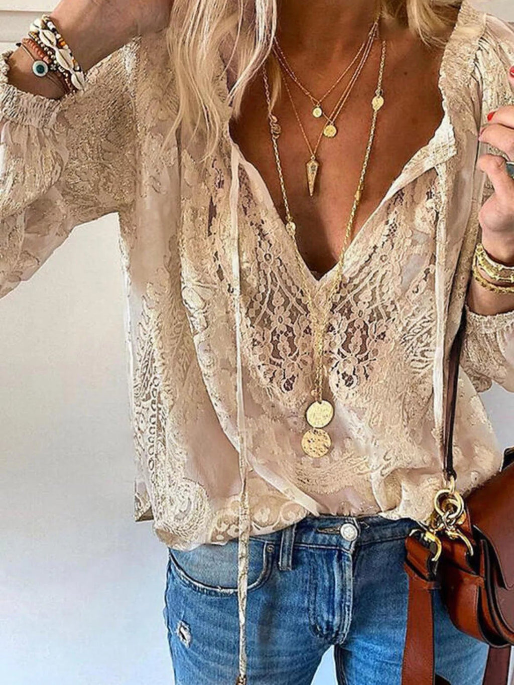 Lace Tie-Neck Blouse - TheMomCo.