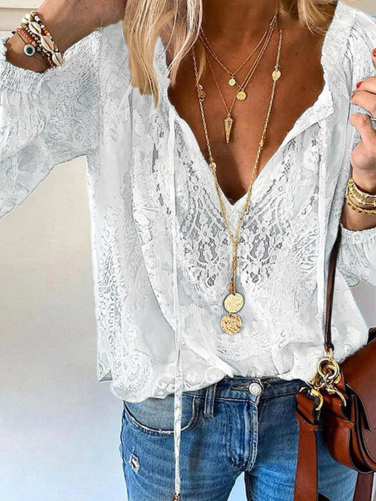 Lace Tie-Neck Blouse - TheMomCo.