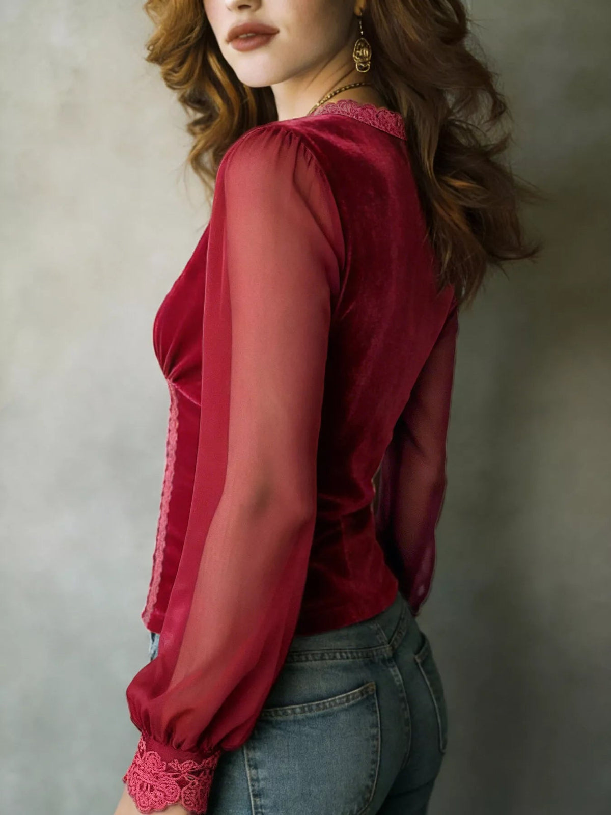 Lace Trim Sheer Long Sleeve Blouse - TheMomCo.