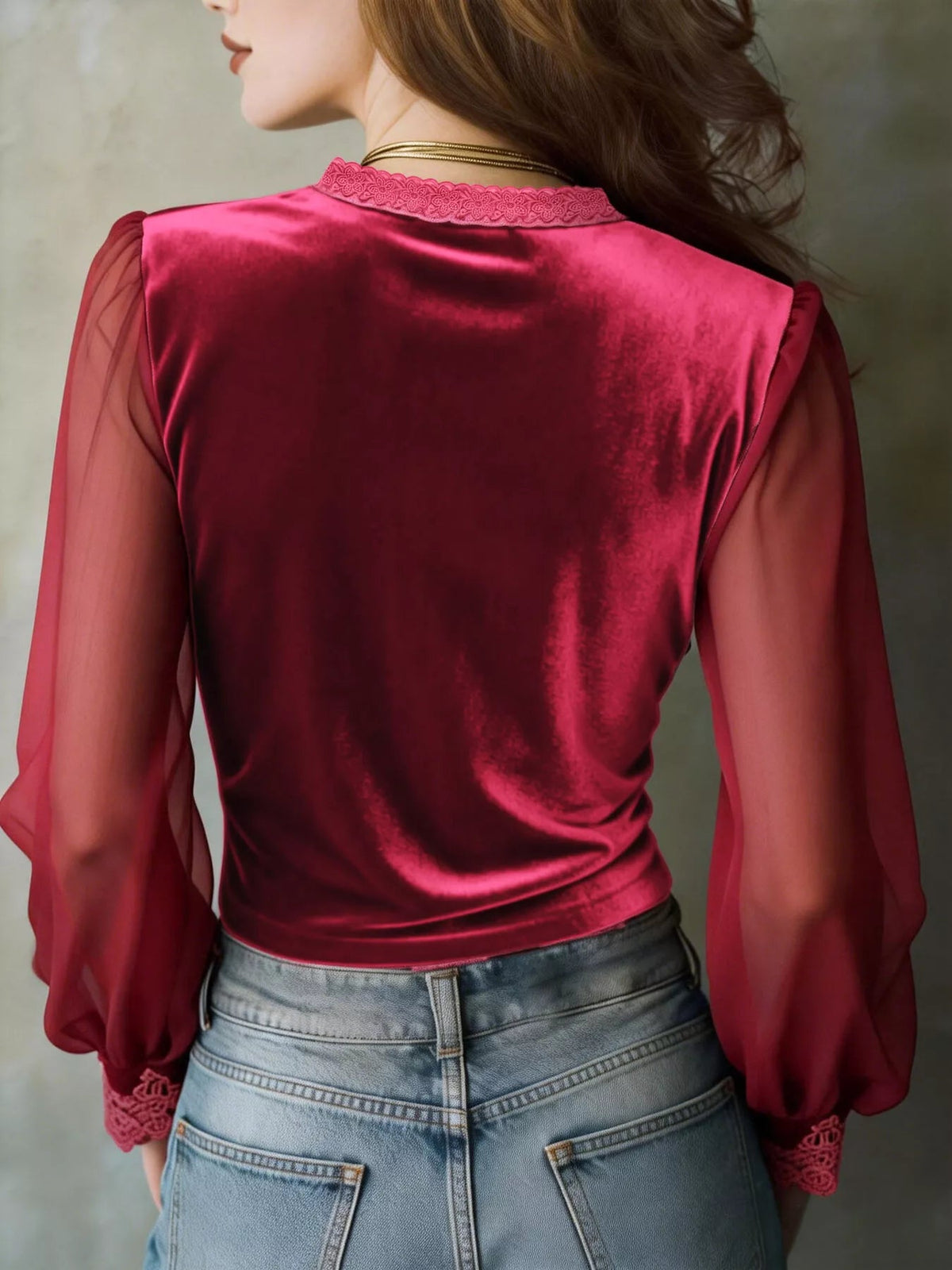Lace Trim Sheer Long Sleeve Blouse - TheMomCo.