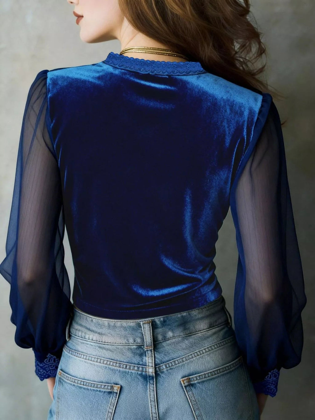 Lace Trim Sheer Long Sleeve Blouse - TheMomCo.