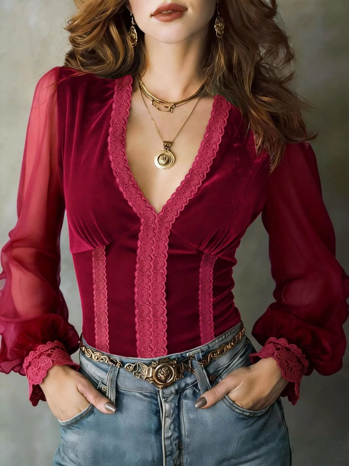 Lace Trim Sheer Long Sleeve Blouse - TheMomCo.