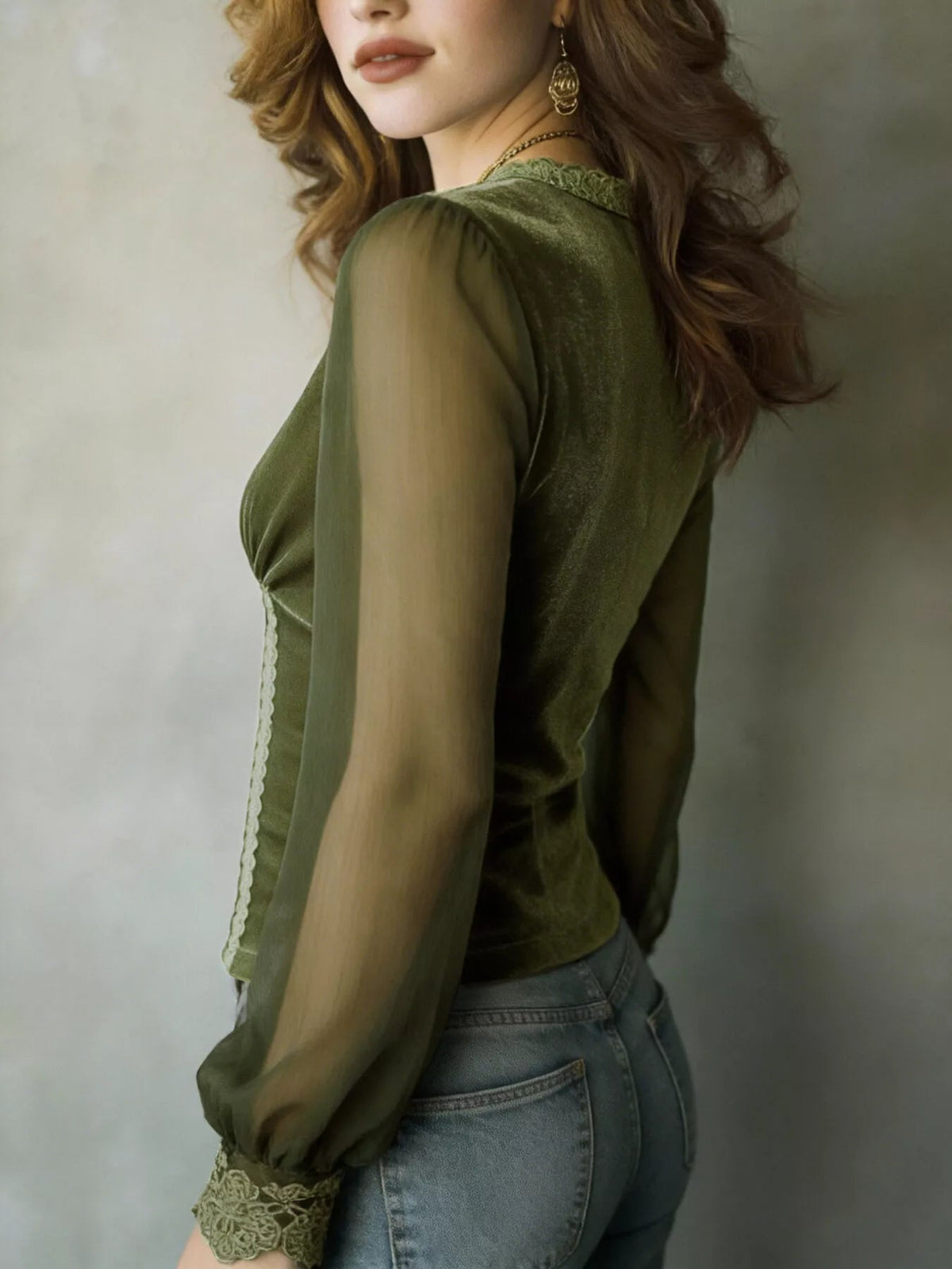 Lace Trim Sheer Long Sleeve Blouse - TheMomCo.