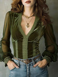 Lace Trim Sheer Long Sleeve Blouse - TheMomCo.