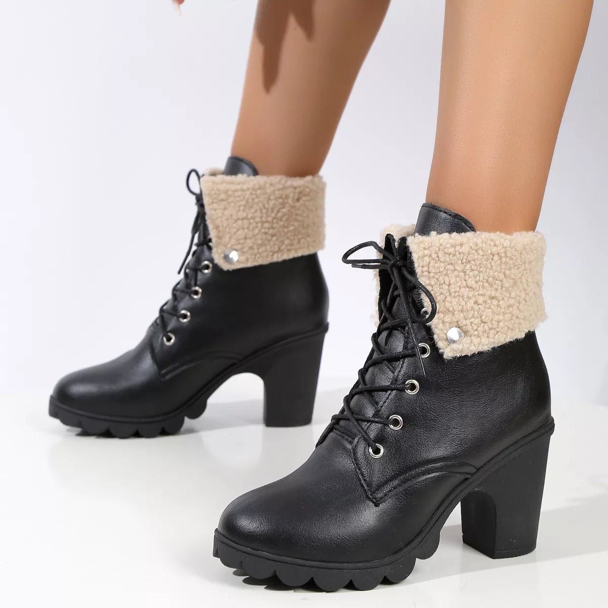 Lace Up Block Heels Boots - TheMomCo.