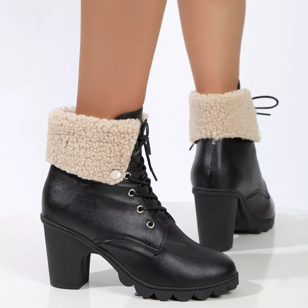 Lace Up Block Heels Boots - TheMomCo.